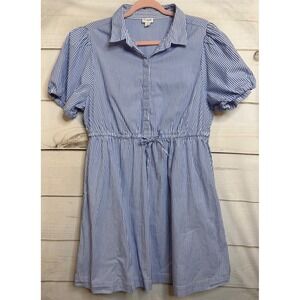 J.Crew Blue White Striped Puff Sleeve Button Down Mini Shirt Dress Women 14